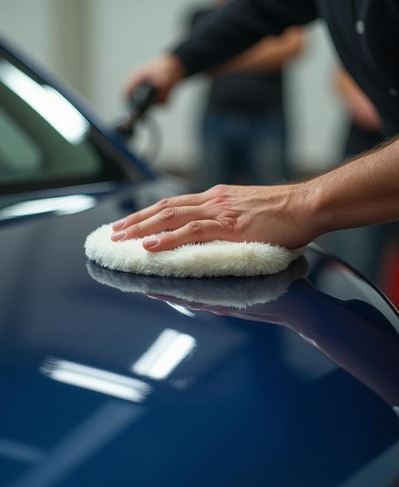 Un detailer di Geco Gloss che lucida a mano la carrozzeria di un'auto.