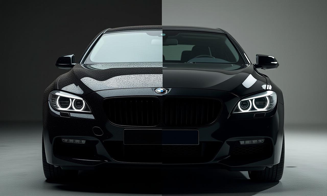 Berlina nera, metà sporca e opaca, metà lucida e brillante dopo il trattamento.