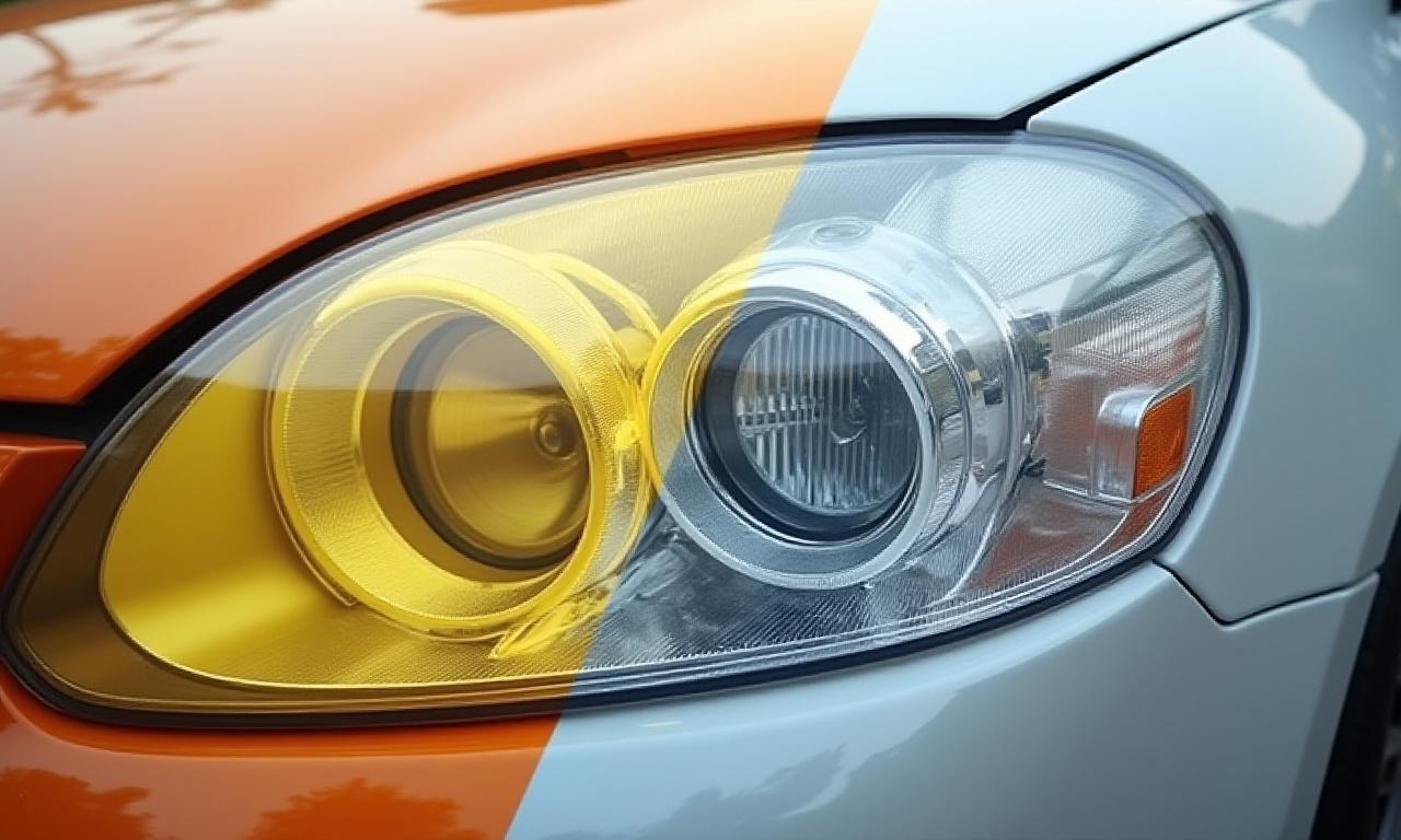 Faro di un'auto, metà ingiallito e opaco, metà cristallino e trasparente.