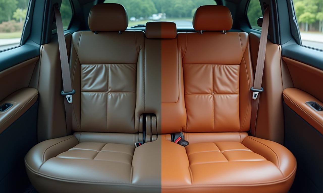 Interni di un SUV, metà con sedili in pelle sporchi, metà puliti e rigenerati.